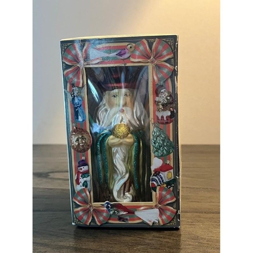 Inge-Glas Germany Hand Blown Glass Santa Christmas Ornament 6" w/ Box Star Crown